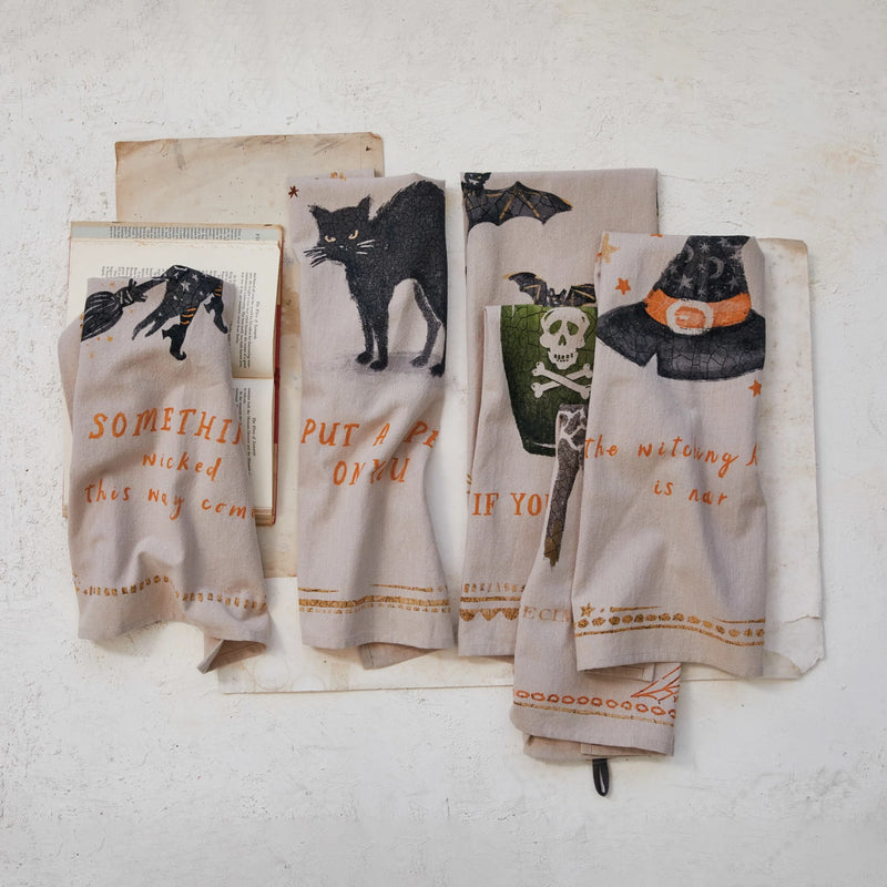 Cotton Chambray Printed Tea Towel w/ Halloween Image & Saying, 6 Styles